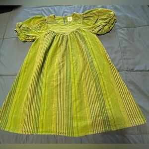 Girls Lime Green Short-Sleeve Casual Dress with Puff Sleeves